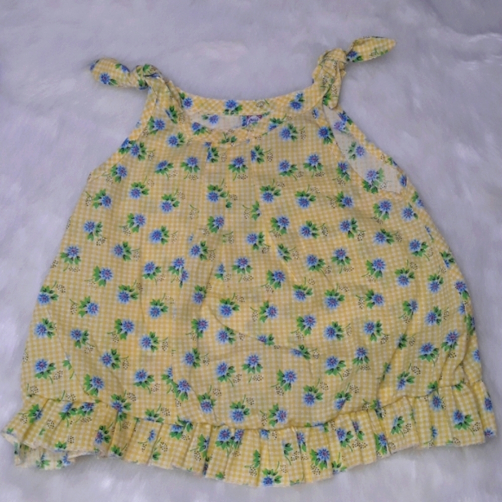 Yellow checkered tank top w blue flower accents